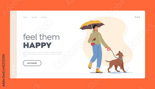 Outdoor Recreation with Domestic Animal Landing Page Template. Young Man Walking with Playful Dog at Rainy Weather