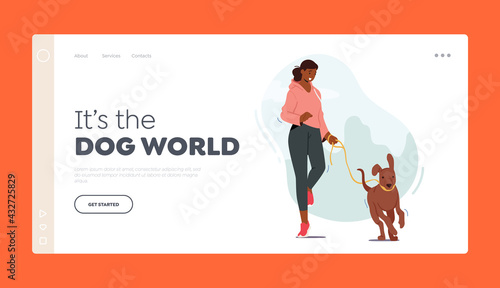 Girl Walking with Dog Landing Page Template. Female Character Run with Pet, Woman Jogging at Morning with Puppy
