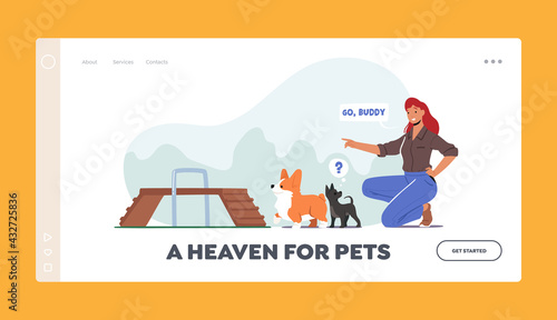 Woman Training Dogs in Park Landing Page Template. Girl Playing with Puppies. Female Character Spend Time Care of Animal