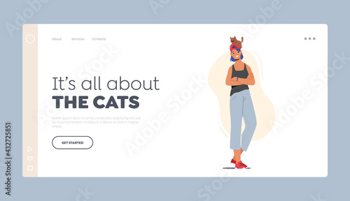Love, Care of Animals Landing Page Template. Happy Woman with Cat Sitting on her Head. Female Character Caring of Pet