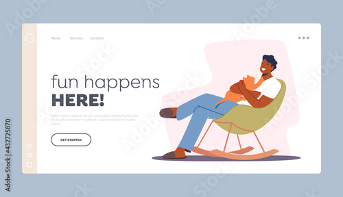 Human and Kitten Landing Page Template. Happy Man Relaxing on Armchair with Cute Cat on Hands. Male Character Hug Pet