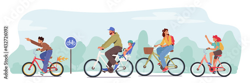 Happy Family Characters Riding Bikes. Dad, Son, Mom and Daughter Training, Healthy Lifestyle, Outdoors Sport Activity photo