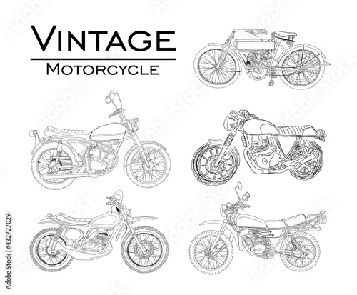 Vintage Motorcycle line art hand drawn design. 5 Set of retro Motorbike sketch vector design.