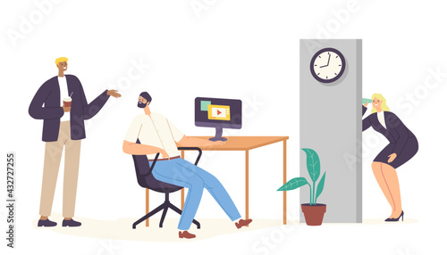 Eavesdropper Woman with Mug Spying to Colleagues, Overhearing, Collecting Secret Information and Gossips in Office