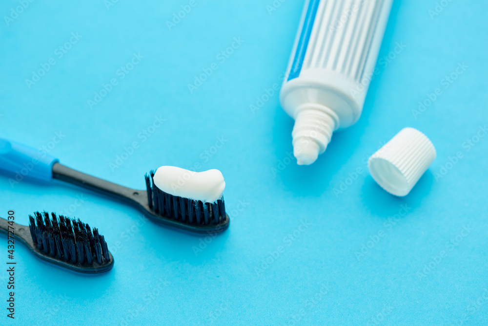 Oral care products, blue background, nobody Oral care products, blue background, nobody