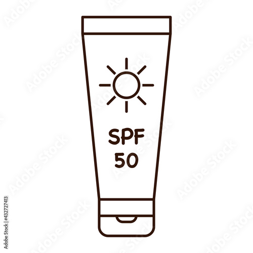 Sunscreen Tube Outline Isolated Icon on White Background. Sun protection factor SPF. Outline holiday beach leisure symbol for logo, web design, stickers, prints