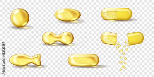 Golden oil capsule set. Realistic shiny medicine pills with gold yellow fish oil or omega 3 vitamin