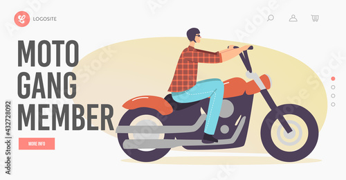 Moto Gang Member Landing Page Template. Street Racer Urban Culture. Brutal Biker Male Character Riding Motorcycle