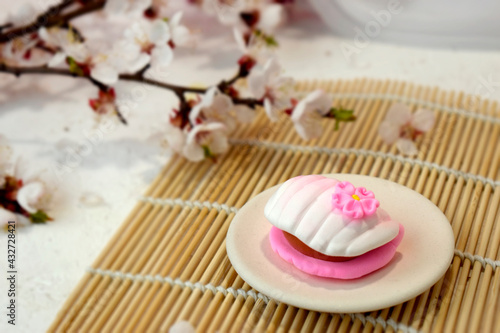 Japanese traditional confectionery mochi with blossom on bamboo mat. Healthy vegan rice sweets. Beautiful wagashi. Spring romance concept for restaurant menu, receipt instruction.