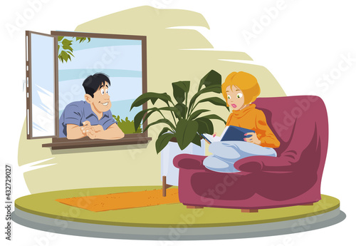 Girl in chair reads book. Guy flirts with maiden. Illustration for internet and mobile website.