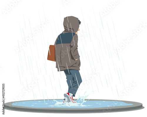 Rainy day. Man in rain. Sad mood. Bad weather. Illustration for internet and mobile website.