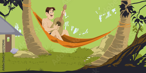 Man in hammock plays guitar. Illustration for internet and mobile website.