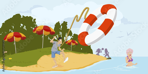 Lifeguard on beach. Man throws lifebuoy. Illustration for internet and mobile website.