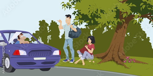 Young Hitchhikers with backpack. Illustration for internet and mobile website.