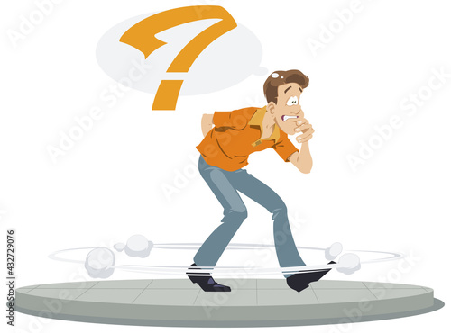 Dilemma of businessman. Manager tries to find solution. Confused man walk in circle. Illustration for internet and mobile website.