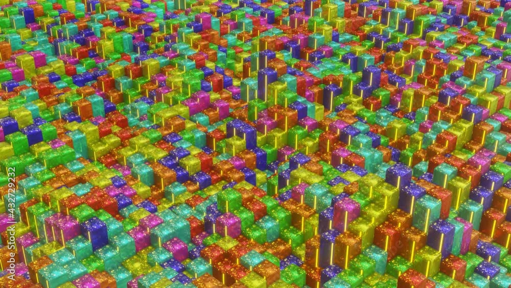 a plane of rising and falling multi-colored cubes. looped animated background. abstract animation. 3d render a plane of rising and falling multi-colored cubes. looped animated background. abstract animation. 3d render