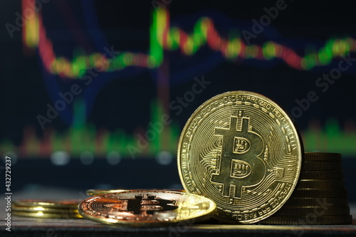 Bitcoin BTC Cryptocurrency Coins. Stock Market Concept isolated on black background, Bit , BTC , coin, crypto,Golden coins.