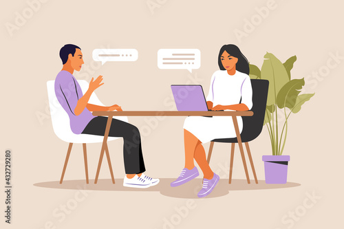 Job interview conversation. Hr manager and job candidate meeting for interview. Vector illustration. Flat.