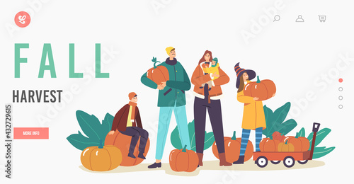 Fall Harvest Landing Page Template. Happy Family Picking Pumpkins at Garden. Mother, Father and Children Harvesting