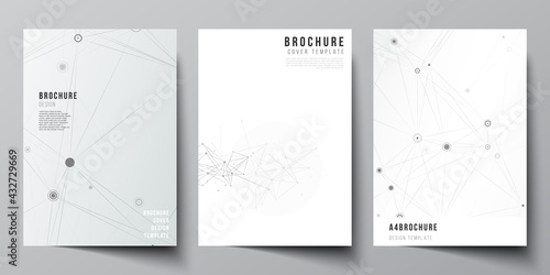 Vector layout of A4 cover mockups templates for brochure, flyer layout, booklet, cover design, book design, brochure cover. Gray technology background with connecting lines and dots. Network concept.