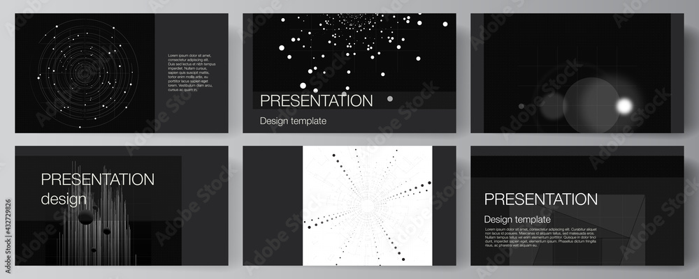 Vector layout of the presentation slides design templates for presentation brochure, brochure cover. Black color technology background. Digital visualization of science, medicine, technology concept.