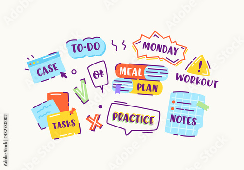 Set of Stickers or Icons in Doodle Linear Style, To-do, Case, Meal Plan and Tasks with Ok, Practice, Notes and Workout