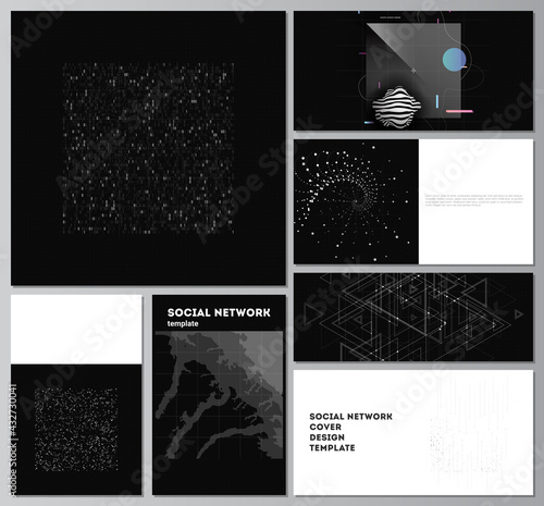 Vector layouts of social network mockups for cover design, website design, website backgrounds or advertising. Abstract technology black color science background. Digital data. High tech concept.