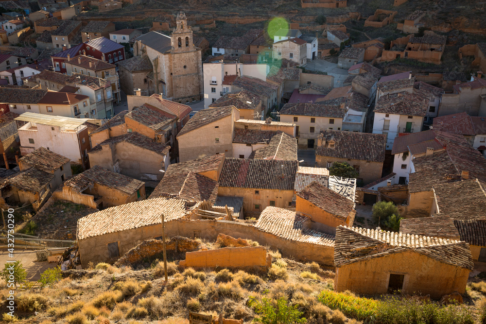 Fototapeta premium a view from the castle over Arcos de Jalon at sunrise, province of Soria, Castile and Leon, Spain