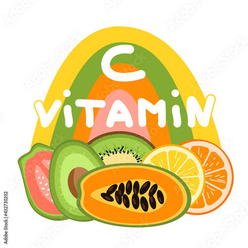 Vitamin C source concept. Fruits containing ascorbic acid with a letter on color rainbow background. Orange, lemon, kiwi, kakadu plum, guava, papaya.