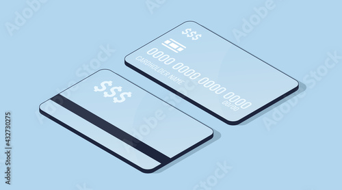 Plastic bank card with money dollar signs. Isometric blue 3d vector illustration