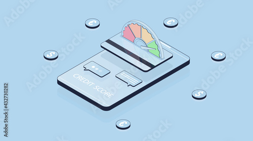 Credit score. Isometric 3d vector illustration. Online banking. Customer satisfaction indicators levels. Accelerate rating illustration. Dollar and euro coins