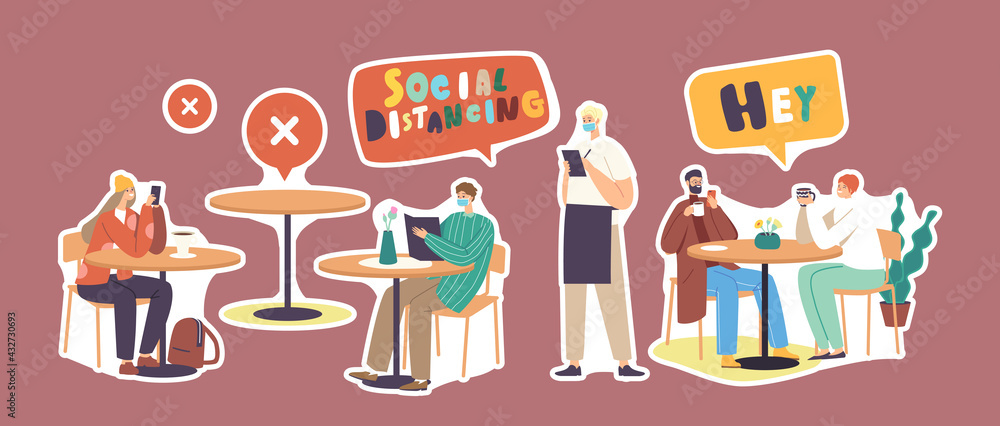 Set Stickers Characters Social Distance and New Normal in Cafe or Restaurant After Coronavirus Outbreak. People Chatting Set Stickers Characters Social Distance and New Normal in Cafe or Restaurant After Coronavirus Outbreak. People Chatting