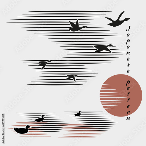 Ducks, geese fly into bright sun. Sea, clouds in sky on white background with black birds. Minimalistic pattern in Japanese style. Vector illustration, birds in form of hieroglyphs.