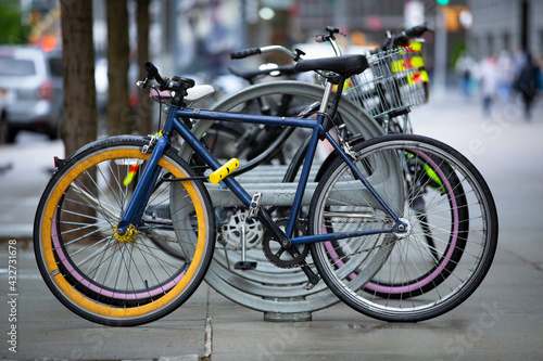 view of a bike parked on the street