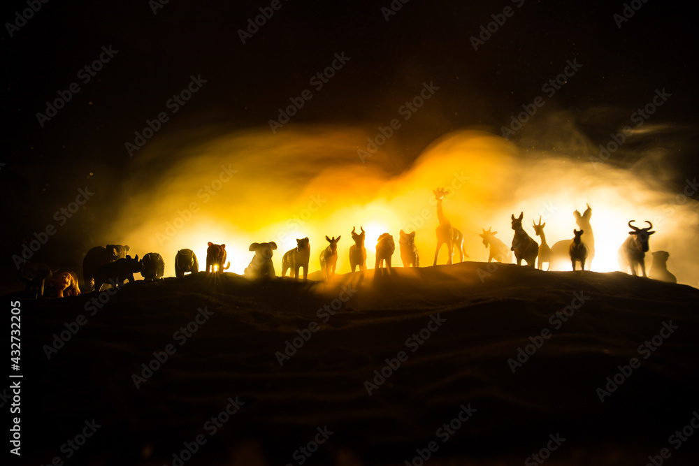 A group of animals are grouped together on a black background with glowing white rays. Animals range from an elephant, zebra, bear and rhino. Use it for a zoo or friends concept. A group of animals are grouped together on a black background with glowing white rays. Animals range from an elephant, zebra, bear and rhino. Use it for a zoo or friends concept.