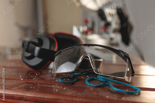 Detailed plan of work safety items. Safety glasses and safety ear muffs
