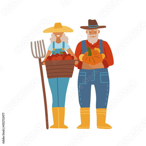 Old farmer with his wife. Elderly couple og gardeners. Senior Grandpa and grandma standing wwith local harvest. Vector flat cartoon illustration.