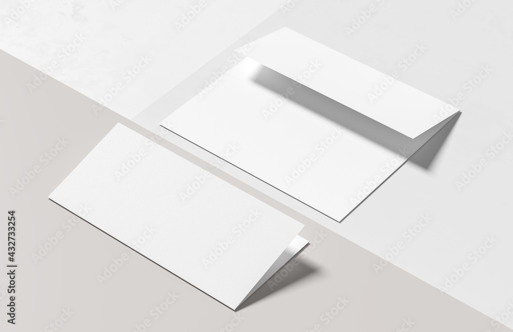 Three fold - trifold brochure mock up isolated on modern white background. 3D illustration Three fold - trifold brochure mock up isolated on modern white background. 3D illustration