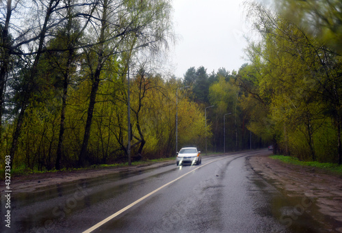 The car rushes on the asphalt wet from the rain in the forest belt. There are puddles on the road and on the side of the road.