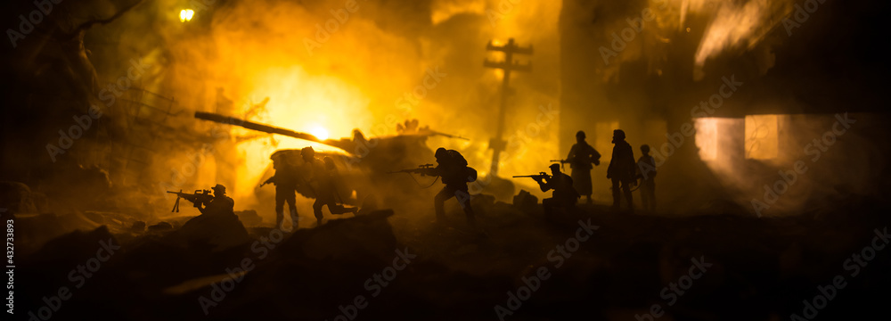 War Concept. Military silhouettes fighting scene on war fog sky background,  World War Soldiers Silhouette Below Cloudy Skyline At night. Battle in  ruined city. Stock Photo | Adobe Stock