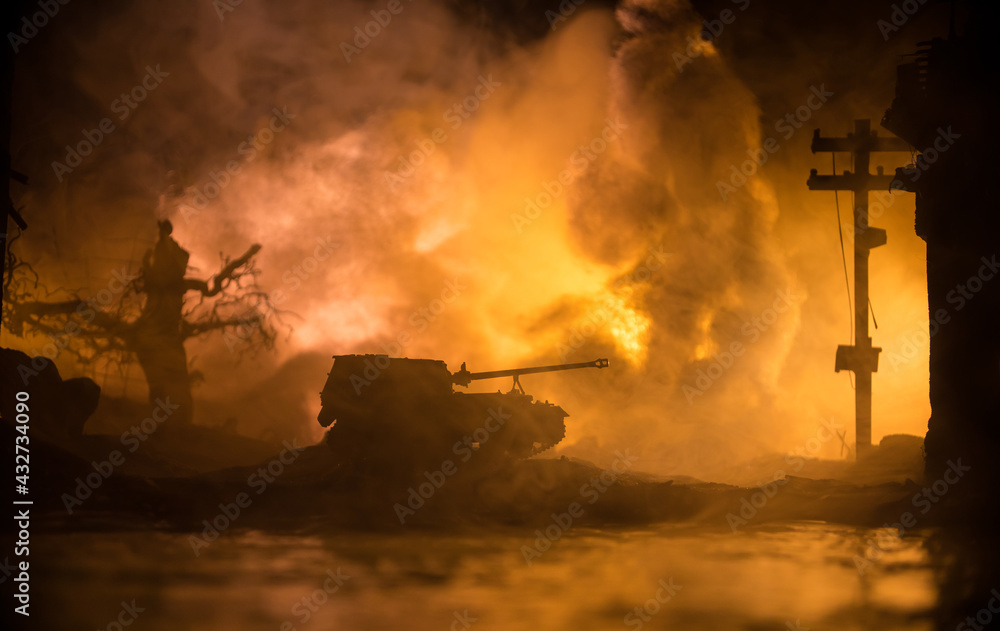 Obraz premium War Concept. Military silhouettes fighting scene on war fog sky background, World War Soldiers Silhouette Below Cloudy Skyline At night. Battle in ruined city. Selective focus