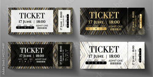 Admission ticket template set. Vector stripe tear-off entrance ticket with abstract line on black and white background. Design template for concert event, musical performance, exhibition, show
