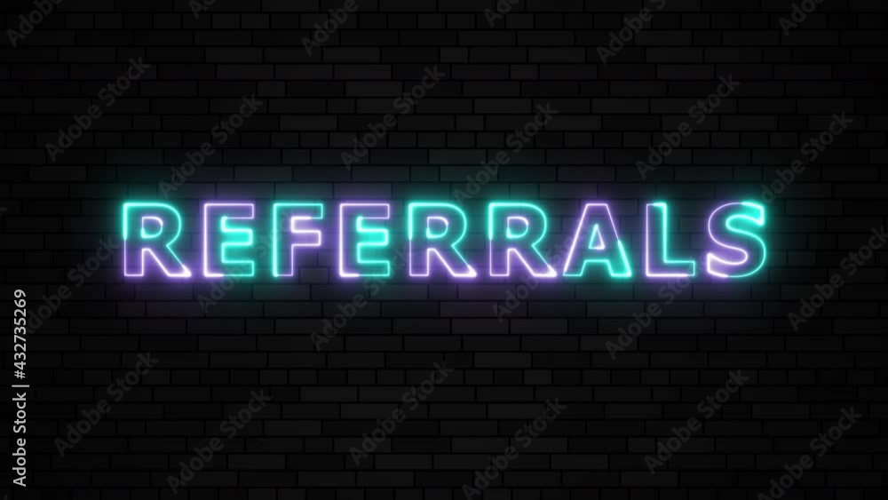 'REFERRALS' violet and green thin line neon text on a dark brick wall background. Simple seamless loop animated text. 4k typography motion graphic 'REFERRALS' violet and green thin line neon text on a dark brick wall background. Simple seamless loop animated text. 4k typography motion graphic
