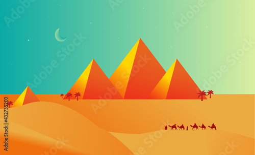 Egyptian pyramids and landscape. Desert View Egypt Pyramids Sunset Flat Vector Illustration. Camels caravan and Egypt landmarks scenery. African animals and sand dunes panorama. Night is approaching