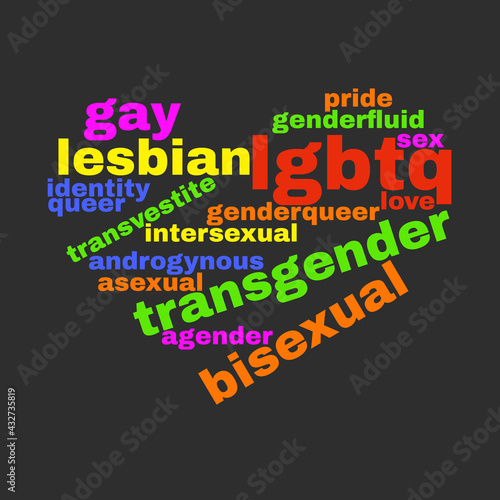 Colorful Rainbow Pride Heart Shape Tagcloud Isolated on Dark Background. Illustration with Words