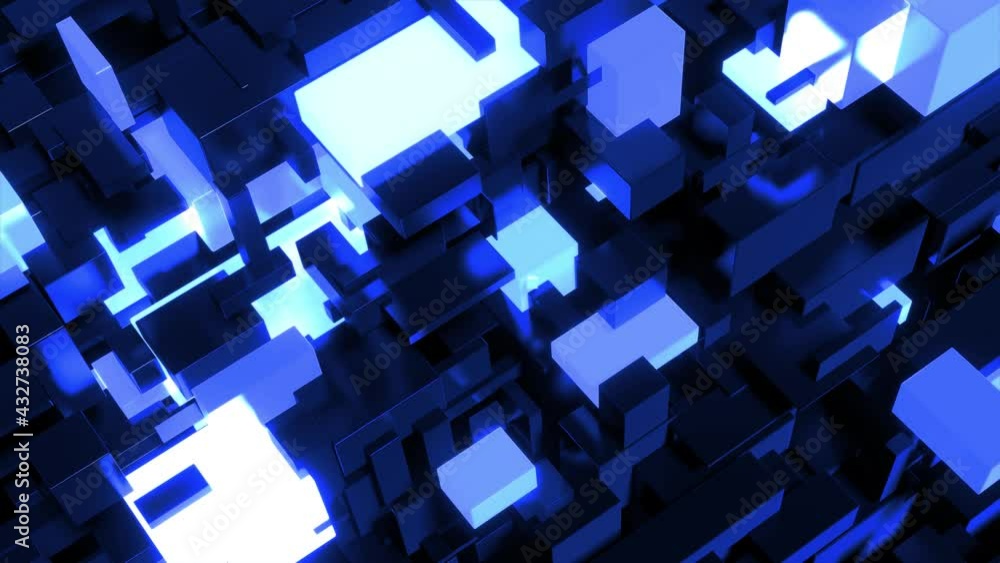 Dark science fiction blue background. Abstract looped 4k dark bg neon cubes light bulbs. Different sizes cubes network lighting blue neon light, like night city. Blockchain technology visualization Dark science fiction blue background. Abstract looped 4k dark bg neon cubes light bulbs. Different sizes cubes network lighting blue neon light, like night city. Blockchain technology visualization