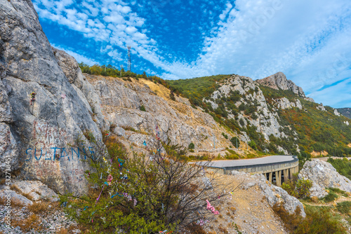 Laspi mountain pass, view of tunnel and Garin Mikhailovsky cliff, photo