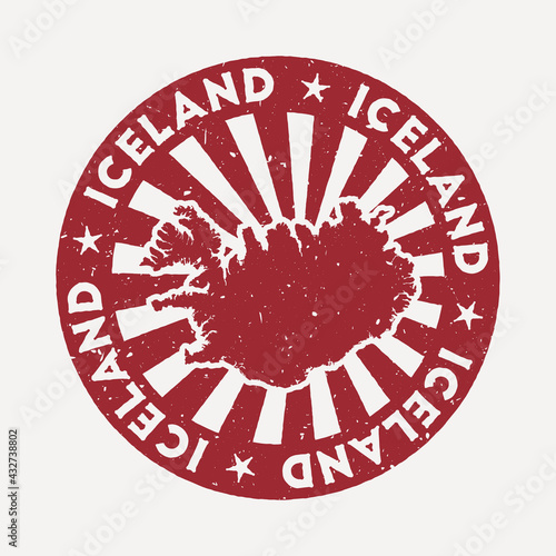 Iceland stamp. Travel red rubber stamp with the map of the country, vector illustration. Can be used as insignia, logotype, label, sticker, or badge of Iceland.