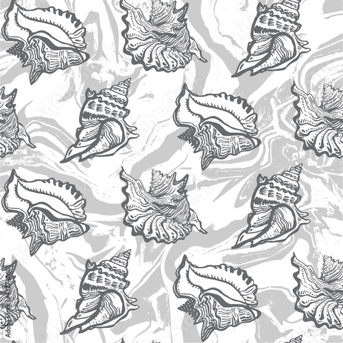 Marine monochrome seamless pattern with Fluid Art and seashell in grey tones. For trendy apparel fabric, package, wallpaper, sea accessories, home textile, bedding, wallpaper.