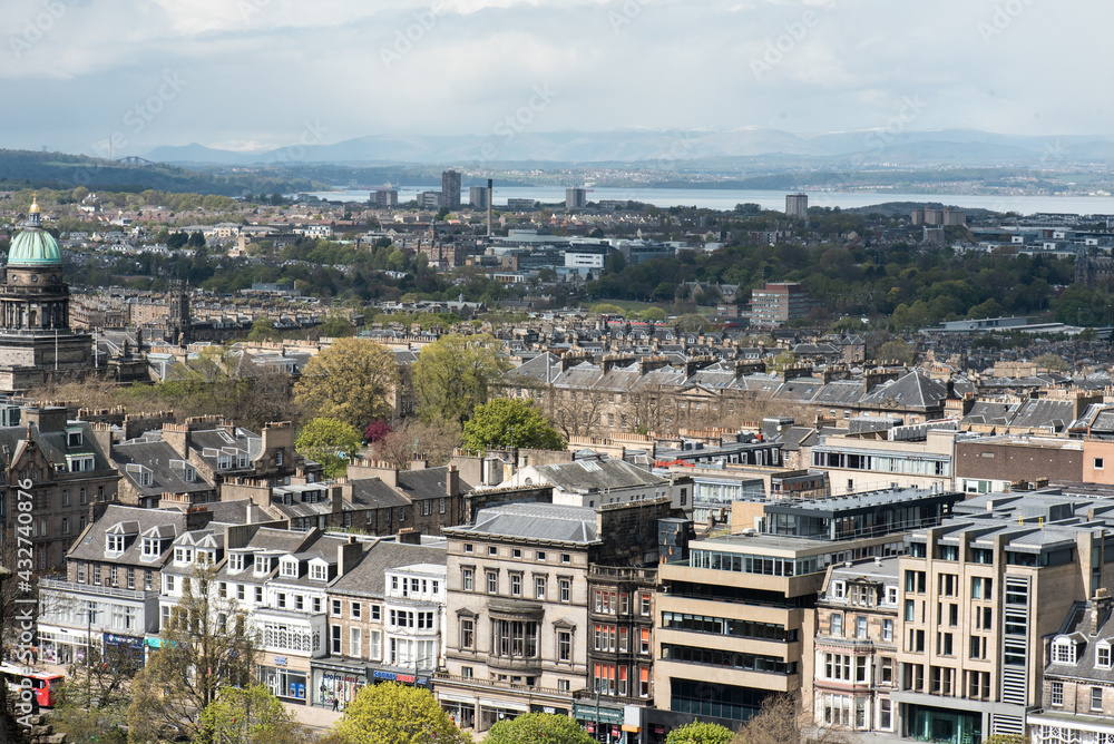 View of the Princes street from the Edinburgh castle hill, Scotland. 